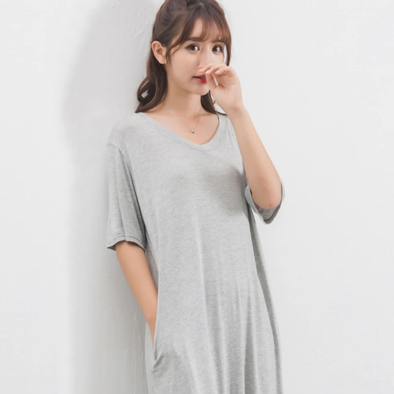 

Casual T-Shirt Dress With Pockets Women Summer New V-Neck Short Sleeve Split Black Loose Modal Gray Dress Robe