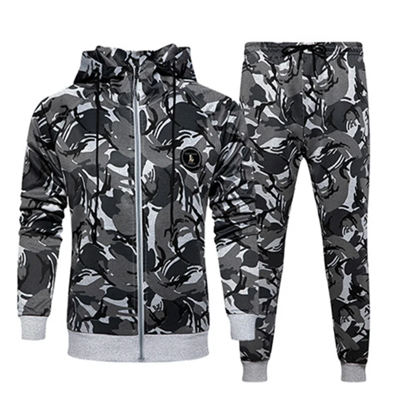 

New Men's Sportswear Hooded Jacket Winter Men's Hooded Camouflage Zipper Cardigan Sweater + Sweatpants Sportswear Two-piece Set