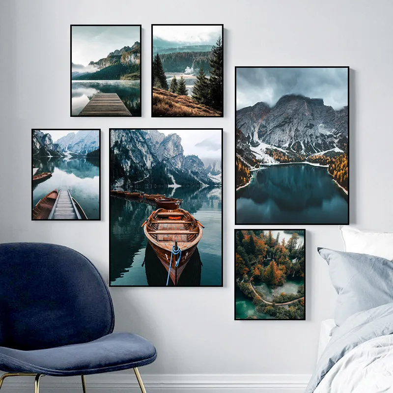 

Forest Mountain Lake River Scenery Poster Nordic Canvas Prints Nature Landscape Art Painting Wall Picture Home Decor HD0048