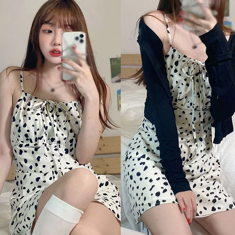 

Bandage Sling Dress Printed Cow Korean Style Casual Drawstring Women Party Club Dresses