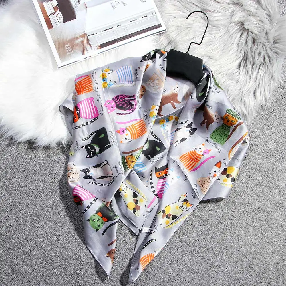 Милый роскошный атласный маленький квадратный шелковый шарф с принтом кота из
