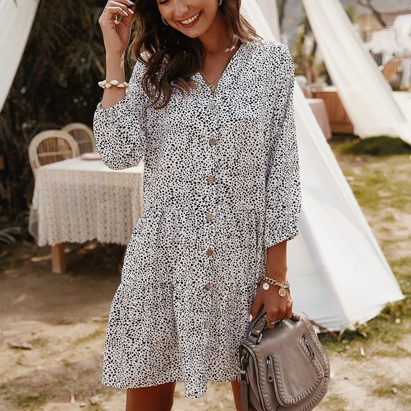 

Summer Floral Print Dress Women Single-breasted V-neck Casual Straight Loose Mini Dresses