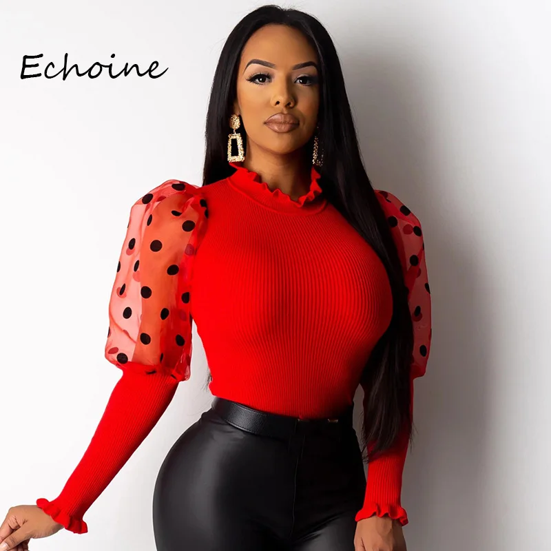 Модные топы с пышными рукавами вязаный свитер в рубчик рукавами-фонариками