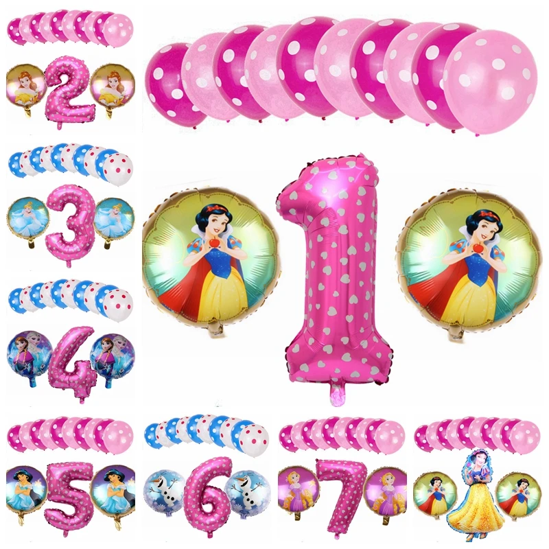 

13pcs 32inch Pink Digital Baby Girl's 1 2 3 4 5 Birthday Party Decor Rapunzel Belle Jasmine Aurora Princess Foil Balloons Suit