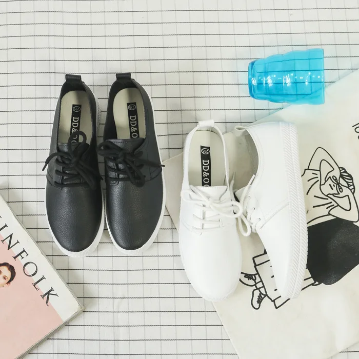 

Women White Shoes Lace Up Lady Summer Casual Sneakers Flat Heel Spring Shoes Flats Solid Color Leather Shoes Black Size 35-40