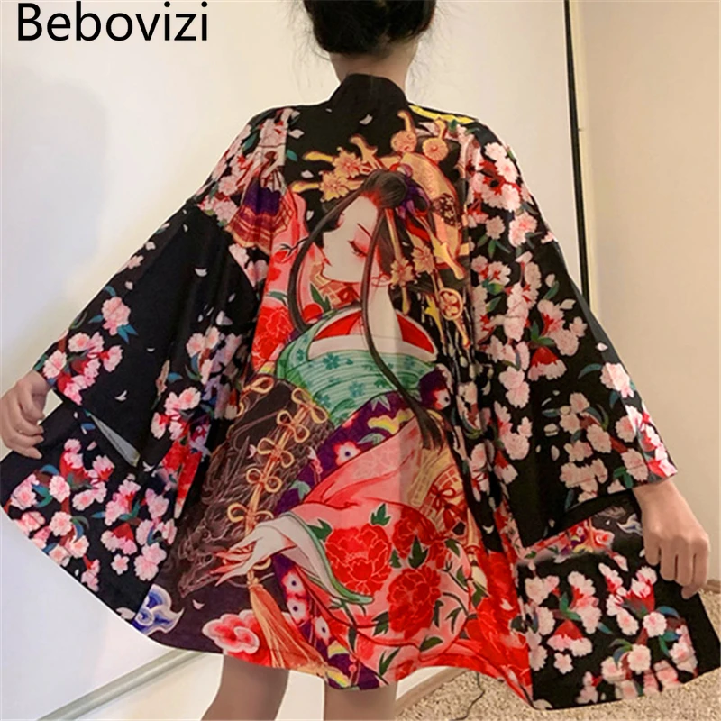

Bebovizi Anime Geisha Print Shirt Cosplay Japanese Cardigan Kimono Harajuku Women Black Yukata Traditional Casual Haori Clothing