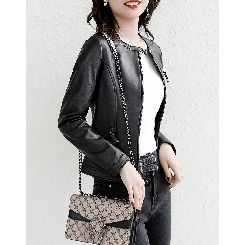 

SHZQ Women's Leather Coat 2021 2020 New Spring and Autumn Black Leather Women's Motorcycle Short Jacket Autumn