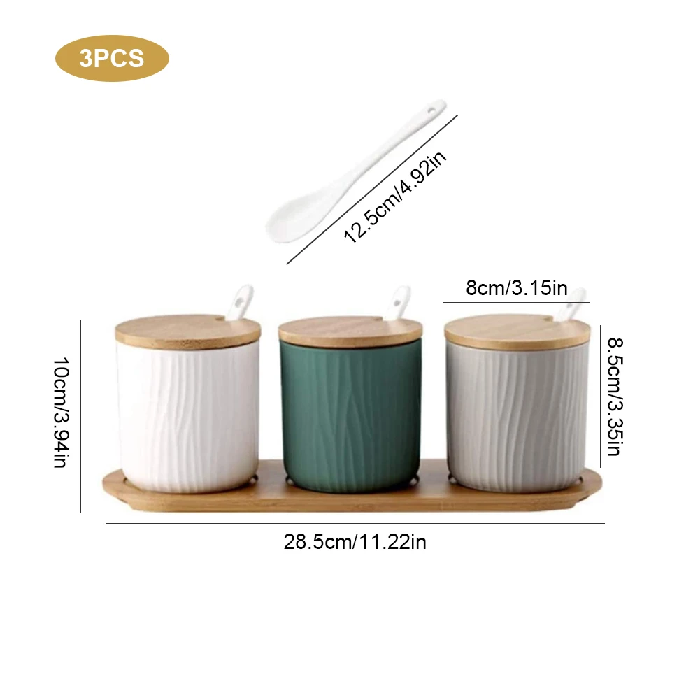 

3PCS Spice Containers Ceramic Seasoning Bottle Box Sugar Pots Set With Spoons Wooden Lids For Loose Tea Coffee Kitchen Supplies