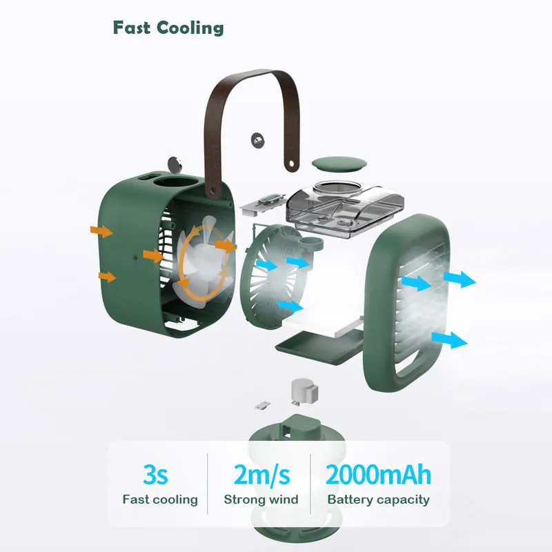 구매 휴대용 미스트 팬, 물, 에어컨 냉각 3 모드, 강한 풍력, 저소음, 홈 오피스 데스크탑 팬, 야간 램프 포함