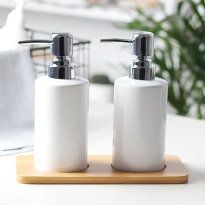 Ceramic Bathroom Accessories With Wood Tray Hand Washing Liquid Bottling with Cup Wood Pad Hotel Soap Dispenser Emulsion Bottle