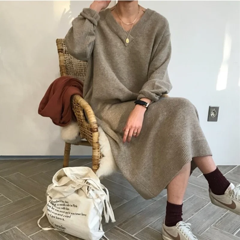 REALEFT 2019 New Korean Sweater Dresses Female Long Sleeve Casual V Neck Loose Knitting Dress Autumn Winter Ladies | Женская одежда