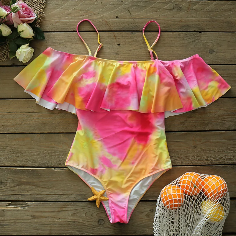 Купальник с градиентным воланом и открытыми плечами женское сексуальное боди