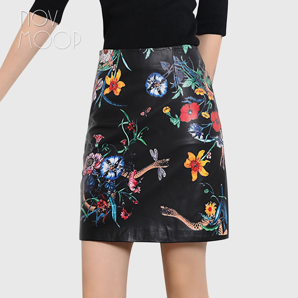 Novmoop/Офисная женская повседневная черная юбка из овечьей кожи с цветочным
