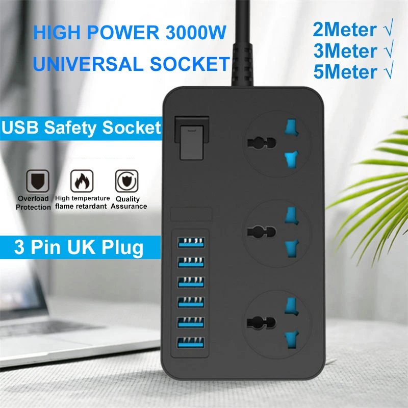 

URVNS 3000W AC Extension Power Socket Electrical Srtip with 6 USB Ports 3 Way Outlet Adapter Surge Protection Travel Charger