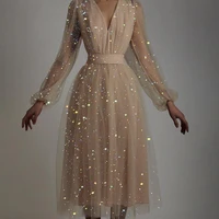 womens evening sequins dress mesh tulle v neck long sleeve dots elegant female dress solid evening party vintage long dress