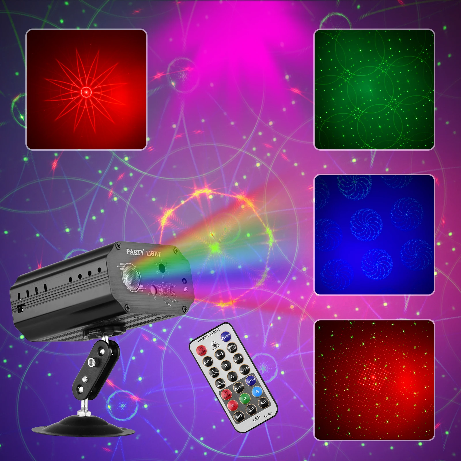 

LED Porjector Light Projection Lamp Stage Light 8W 48 Different Patterns Music Activated with Remote Control Mount Stand