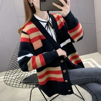 boutique women s clothing 2021 spring and autumn new v neck knitted cardigan contrast colors slimming loose sweater coat