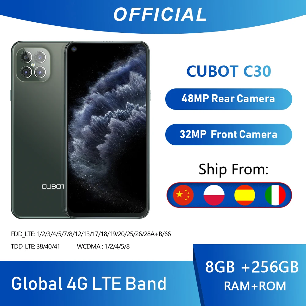 Перейти на Алиэкспресс и купить Cubot C30 48MP Quad Camera смартфон Четыре камера 8 ГБ + 256 ГБ 32MP селфи Фронтальная камера Глобальная Версия 4G LTE Helio P60 NFC 6,4дюймFHD + безрамочный экран 4200 мАч ...