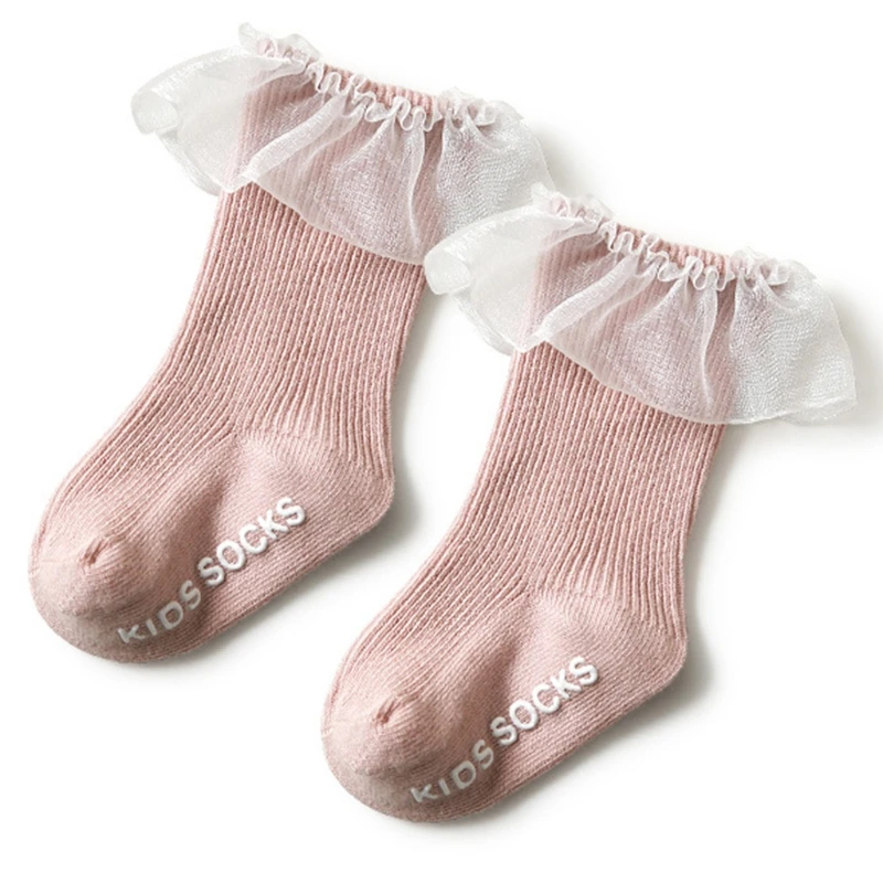 

Toddler Baby Girls Frilly Lace Trim Cotton Socks Ribbed Striped Solid Color Infants Princess Non-Slip Letters Stockings