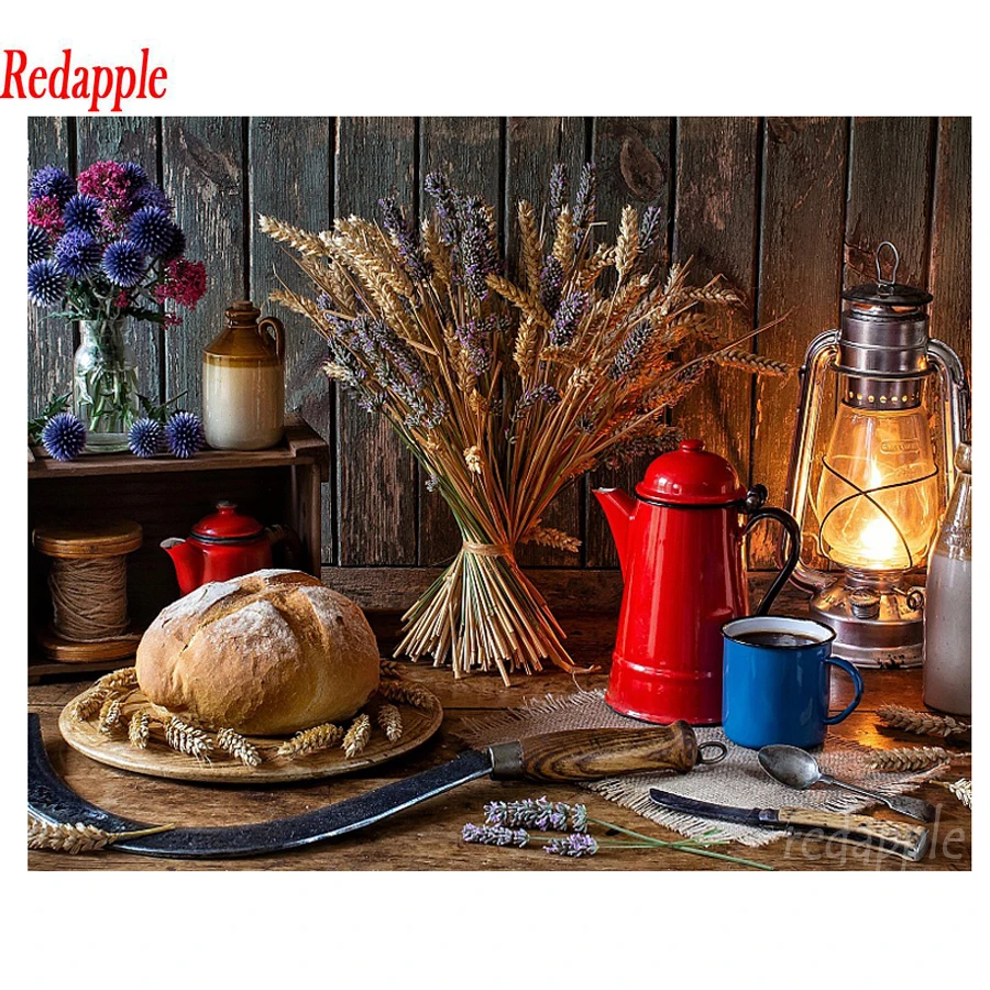 

Полноразмерная Алмазная картина с квадратными и круглыми стразами, цветок, хлеб, фонарь, натюрморт, 5d, алмазная вышивка «сделай сам», мозаик...