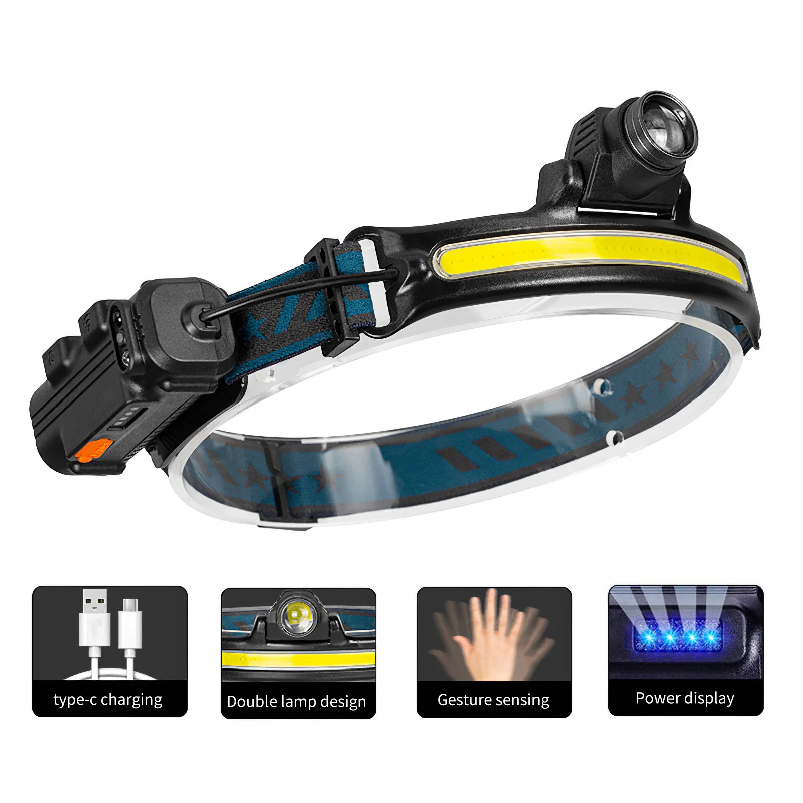 

LED Headlamp Motion Sensor Headlight USB Rechargeable Built-In Battery Head Torch Waterproof Work Light For Outdoor Running