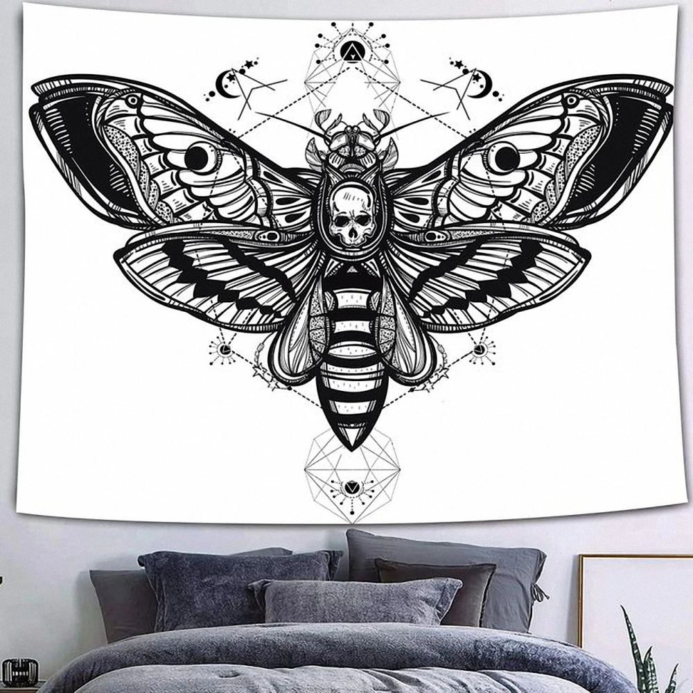 

Simsant Black and White Tapestry Gothic Witchy Tapestry Moon Phase Tarot Tapestry Fantasy Gothic Skull Hawk Moth Wall for Dorm 2