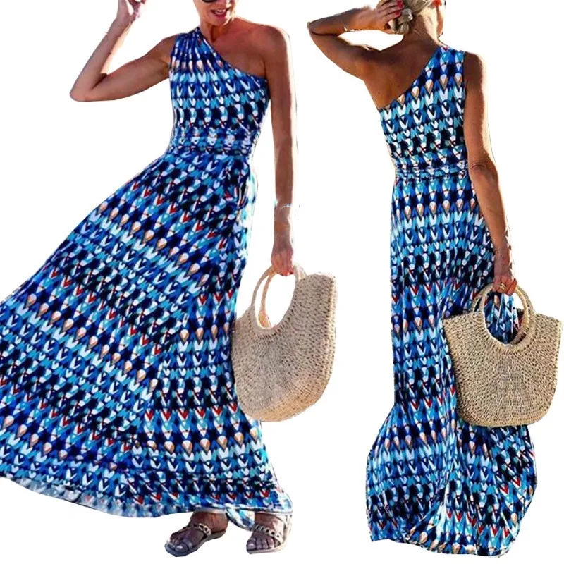 Женское платье макси с принтом в богемном стиле летнее Бандажное без рукавов на