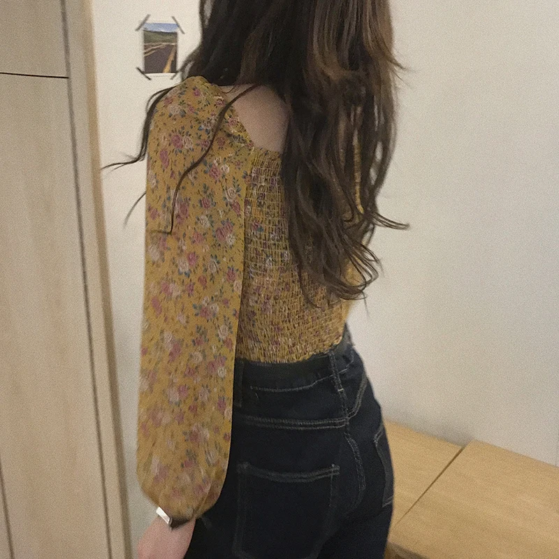 Винтажная блузка с цветочным принтом Женская Сексуальная Милая укороченная