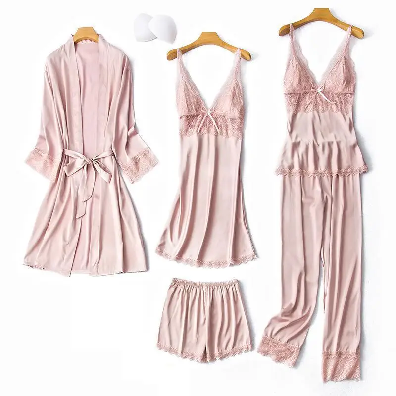 

5PCS Sleep Set Loose Sexy Women Sleepwear New Spring Satin Robe Suit Summer Loose Home Clothes Soft Kimono Bathrobe Gown