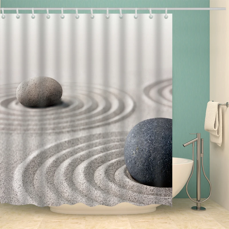 

Ivory Sand and Cobblestone Shower Curtain Set with 12 Hooks Natural Plants Bathroom Decoration Washable Polyester Fabric