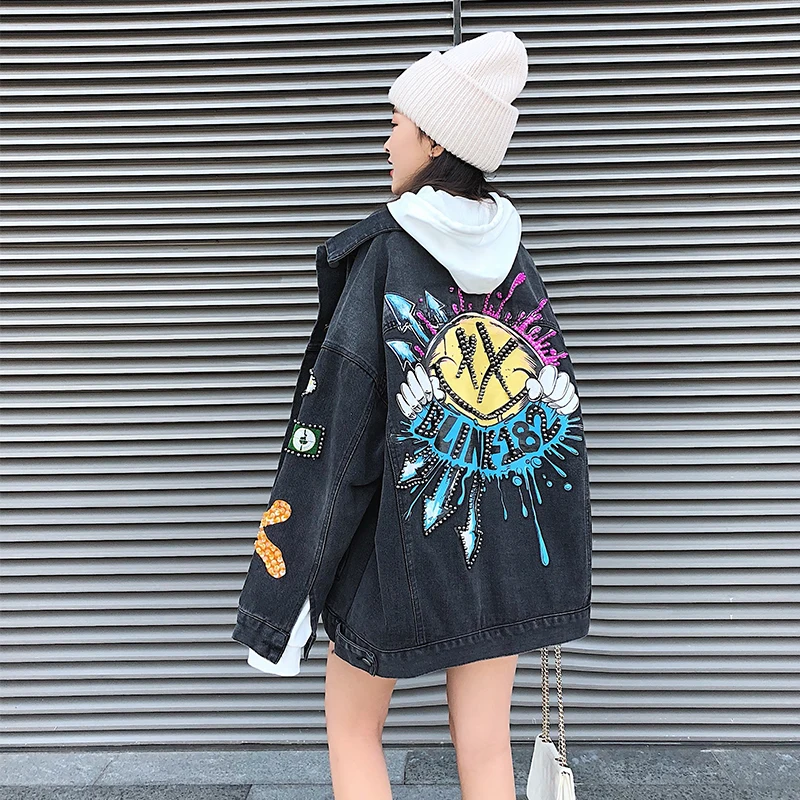 

Женская джинсовая куртка с отложным воротником, однобортная весенне-осенняя верхняя одежда с длинным рукавом и мультипликационным бисером...