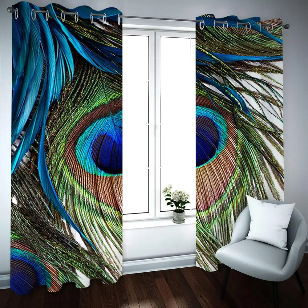 Популярные 3d шторы с изображением перьев синие для гостиной светонепроницаемые