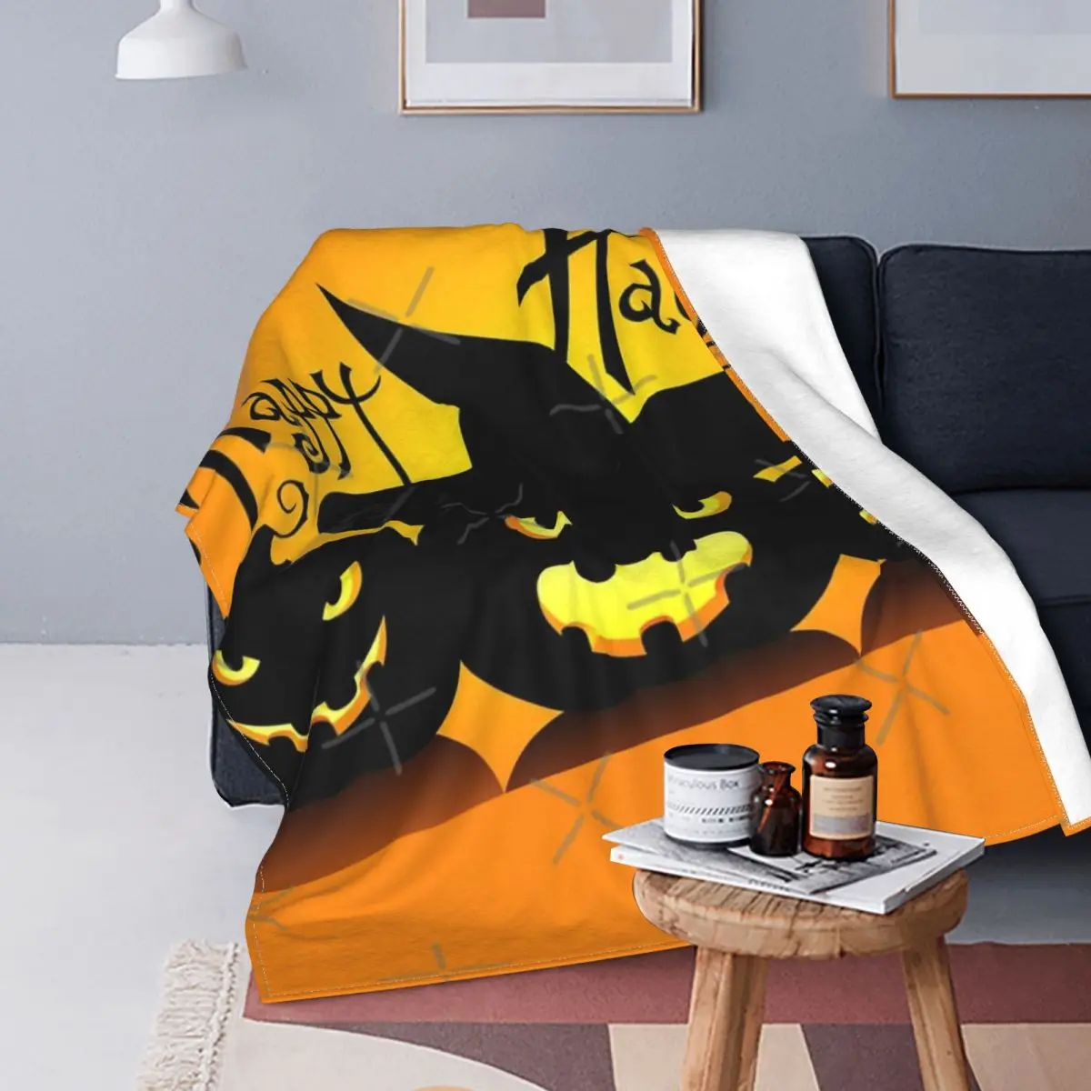 

Manta a cuadros para niños, cobertor de 3 capas, naranja, feliz Halloween