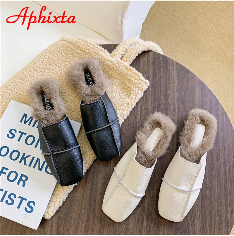 Aphixta/зимние теплые женские шлепанцы с натуральным кроличьим мехом; женские пушистые тапочки; женские шлепанцы на плоской подошве с квадратным носком