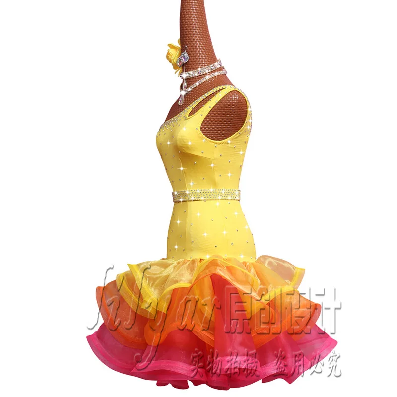 New Latin Dance Dress Competition Dress Costumes Skirt Performing Dress Adult Customize Children Light yellow Fishbone Skirtess