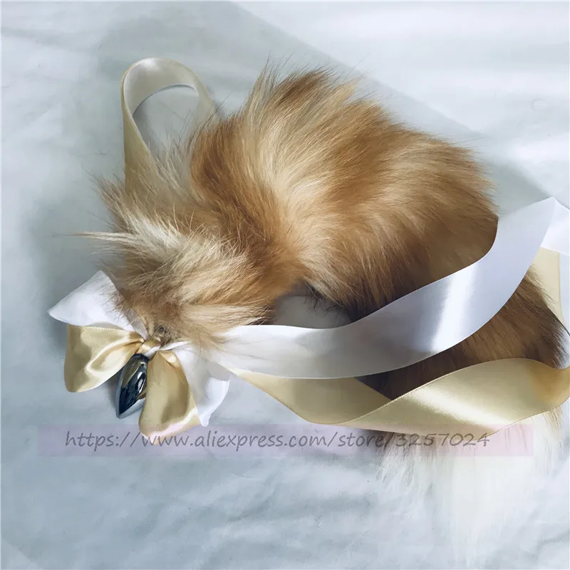 Tail w L size plug Натуральный кристалл меховой хвост-пробка лисий хвост животное косплей сексуальный W 8 размеров из нержавеющей стали Анальная заглушки аксессуары с шелковой лентой - Цвет: Tail w L size plug