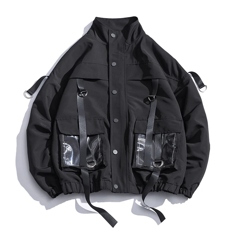 

Мужская куртка в стиле милитари, Повседневная ветровка с лентами и карманами, мужская куртка-бомбер, уличная одежда в стиле хип-хоп, 2021