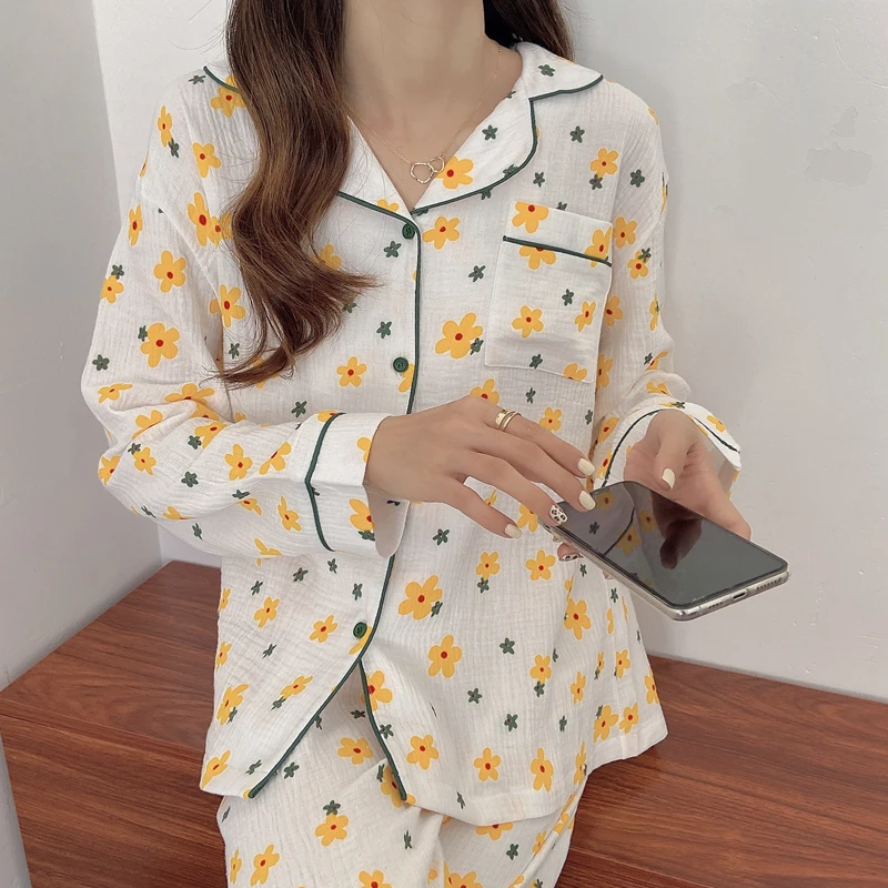 

CBAFU spring autumn pajama set home suit 2 piece set women sleepwear soft comfortable cotton homewear top pants trousers M606