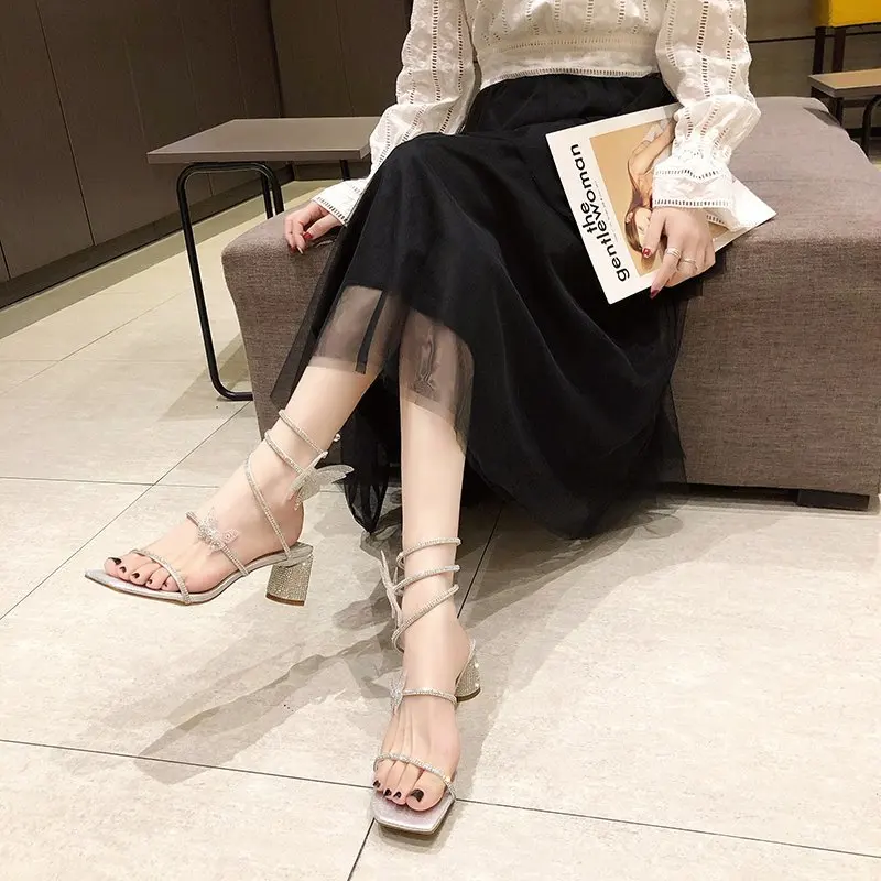 

Clear Heels Comfort Shoes for Women Beige Heeled Sandals Med Buckle Strap 2021 Summer Black Rhinestone Block New Girls Spring Me