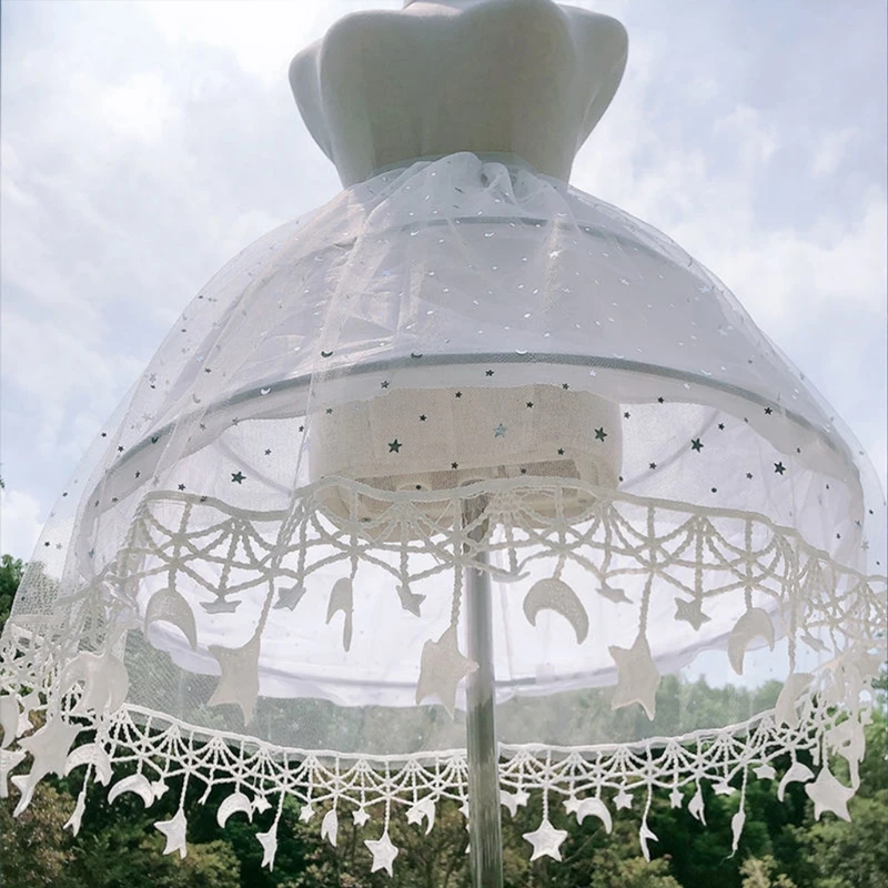 

Women Lolita White Tulle Petticoat Skirt Moon Star Tassel Hem 2 Hoops Underskirt 6XDA