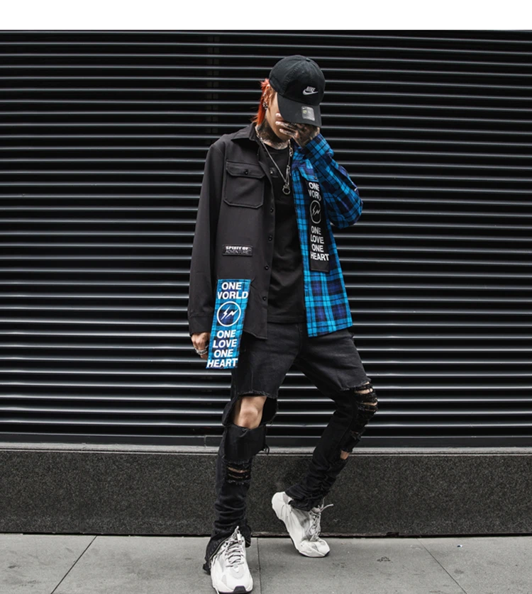 New Western Diablo Style Fashion Individuality Printed Plaid Patchwork Men's Long-Sleeved Shirts Hip Hop Autumn Streetwear Color