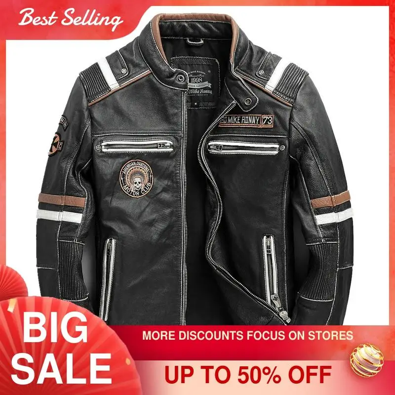 

2021 Vintage Black American Motorcycle Style Genuine Leather Jacket Men Large Size 4XL Real Natural Cowhide Slim Fit Biker Coat
