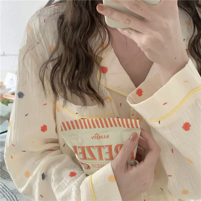 QWEEK Cotton Pijama Polka Dot Women's Pajamas Korean Sleepwear Long Sleeve Autumn Female Sets Pyjamas Negligee Cardigan Suit Pjs