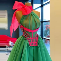new arrival long tulle prom dress bow high neck ruffles with train women elegant evening gowns pageant custom made colorful gown