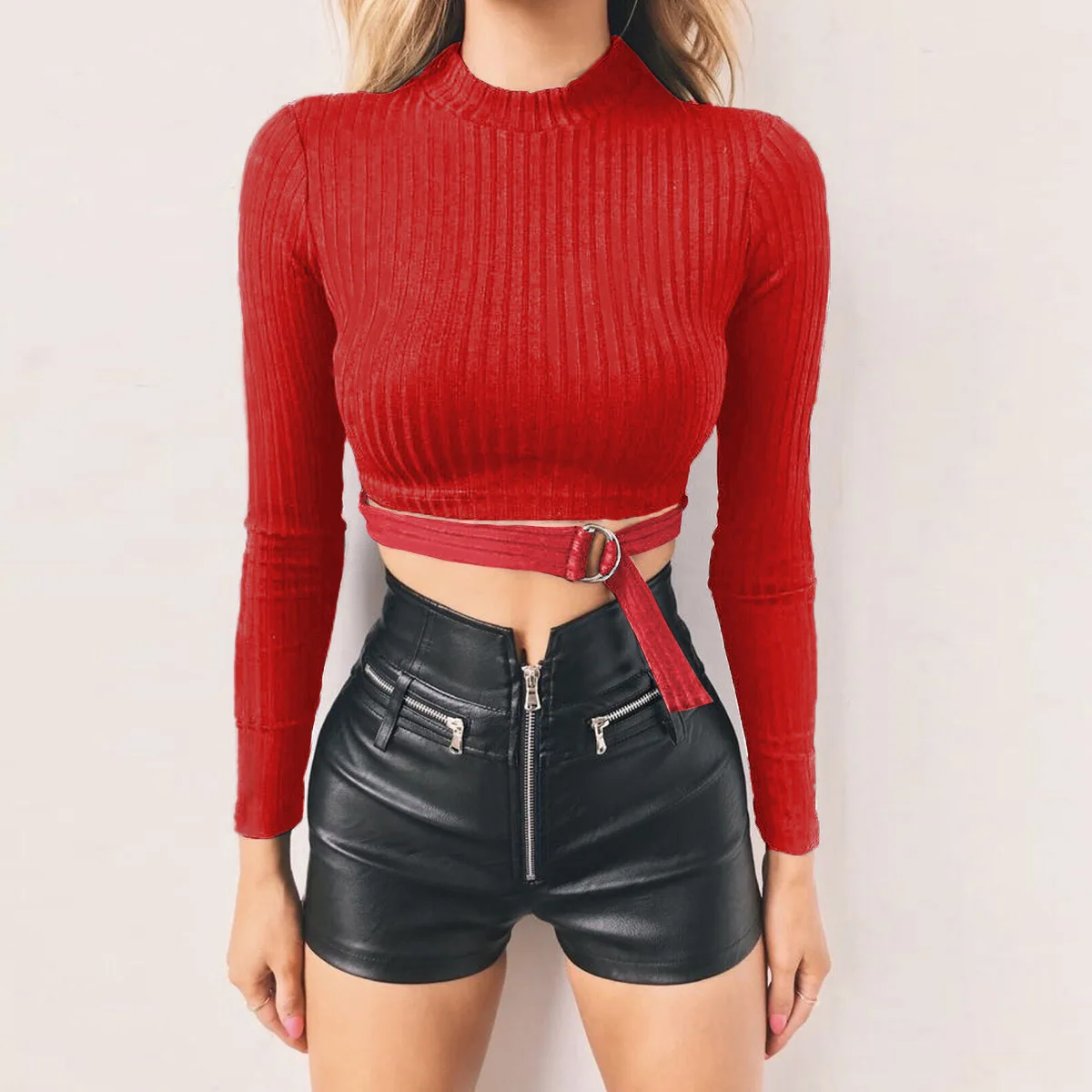 

Black Red Crop Knitted Sweater Full Sleeve O-Neck Women Pullovers Sexy Club Hollow Out Belt Autumn Sweaters Casual Pull Femme