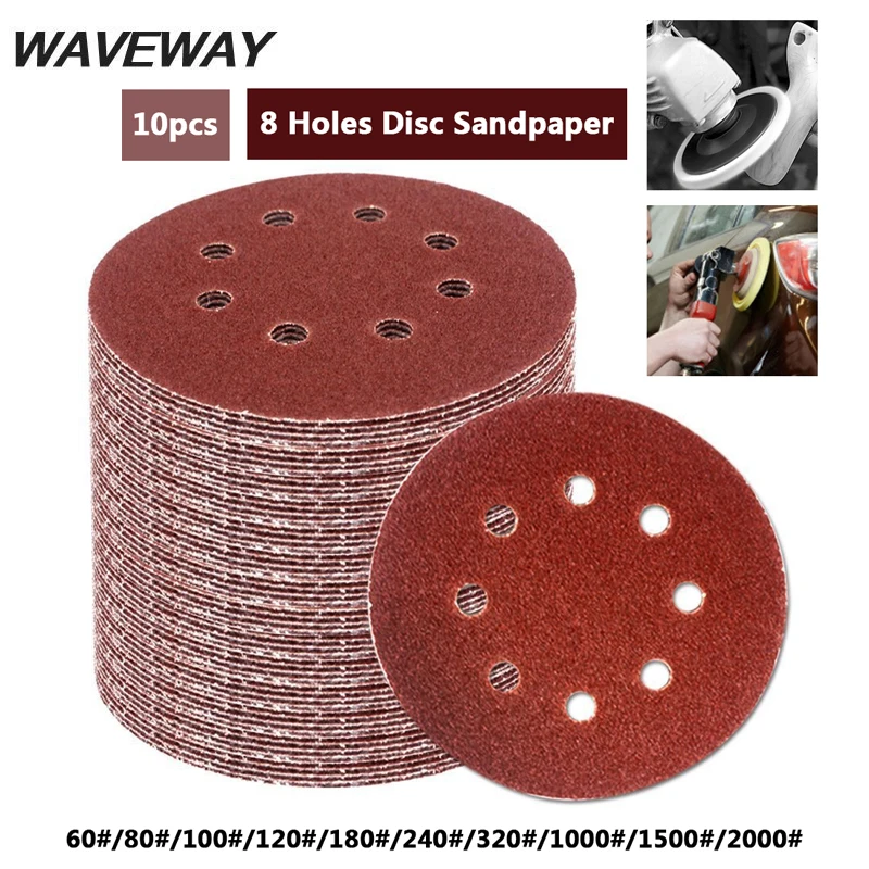 WAVEWAY 10 шт. 5 дюймов 125 мм круглая наждачная бумага восемь отверстий дисковые