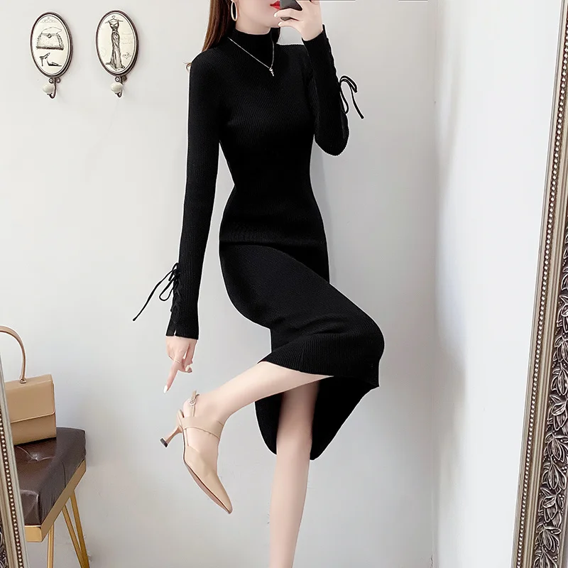 

CMAZ Autumn and Winter New Inner Wear Knee Knitted Dress Slim Fit Package Hip Bottoming Shirt Half Turtleneck Mid-Length Sweater