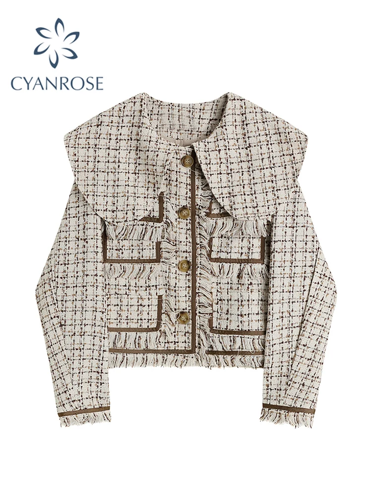 

Женский твидовый Блейзер, винтажный пиджак в клетку с воротником «Питер Пэн», однобортный короткий пиджак с длинным рукавом и бахромой, 2021