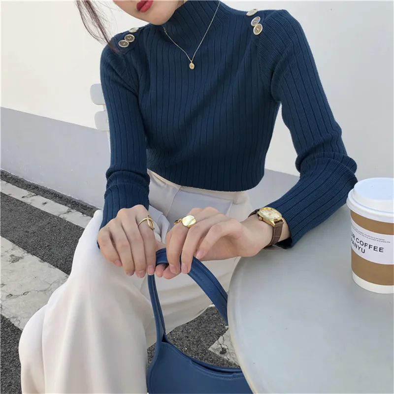 

HziriP 2021 New Spring Autumn OL Basic Pullover Tops Soft Warm Bottoming Sweater Women Elegant Solid Turtleneck Knitted Sweaters