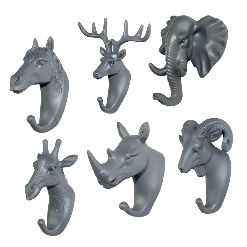 

6Pcs Nordic Style Resin Animal Head Decorative Hook Gray Color